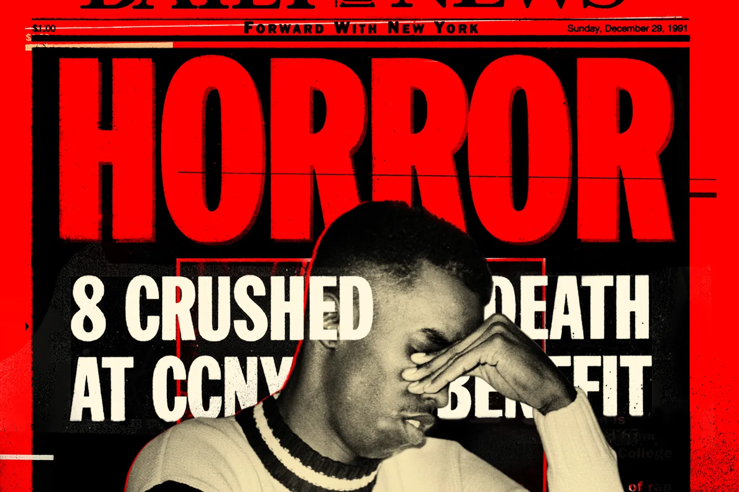 In a photoillustration, Sean Combs holds his head in his hand. Surrounding him is text that says "Horror: 8 crushed to death at CCNY benefit."