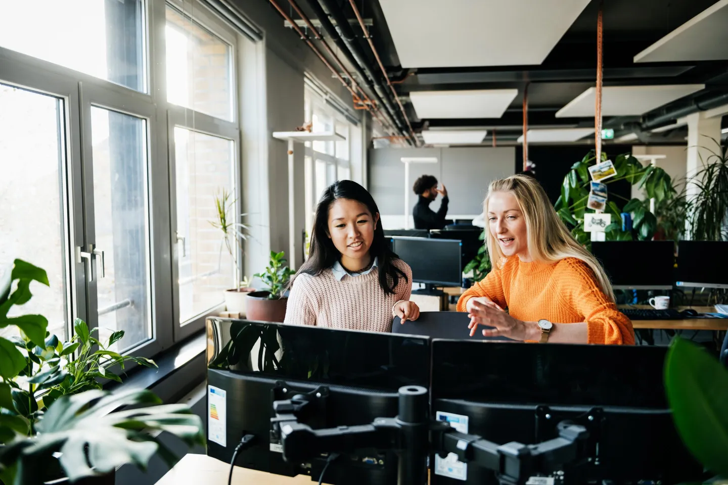 two women sitting at a shared desk