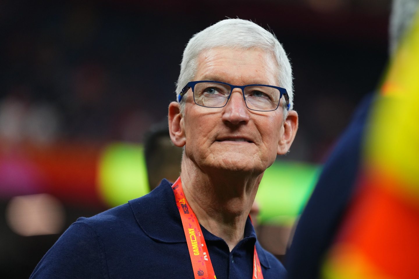 NEW ORLEANS, LA - FEBRUARY 09: Apple CEO Tim Cook is seen on the field prior to Super Bowl LIX between the Kansas City Chiefs and the Philadelphia Eagles at Caesars Superdome on February 9, 2025 in New Orleans, Louisiana. (Photo by Cooper Neill/Getty Images)