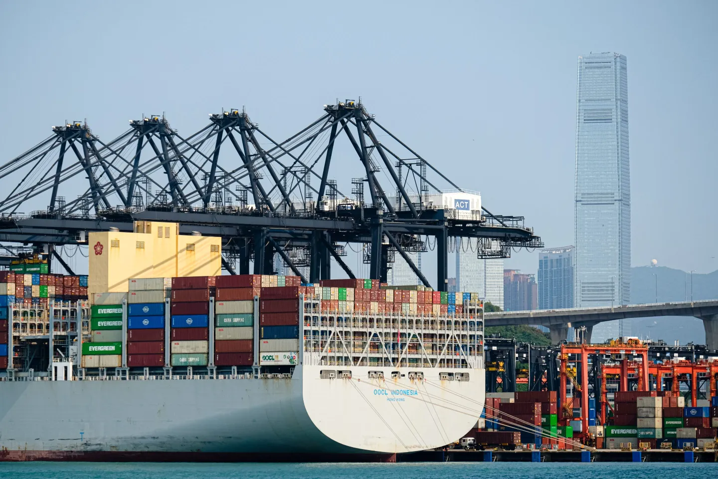 HONG KONG, CHINA - APRIL 7: A cargo ship loaded with containers docks at Hong Kong International terminal on April 7, 2025 in Hong Kong, China. Asian stock markets have plummeted amid growing fears of a global trade war, as Donald Trump described his tariffs as "medicine" and showed no indication of backing down. (Photo by Sawayasu Tsuji/Getty Images)