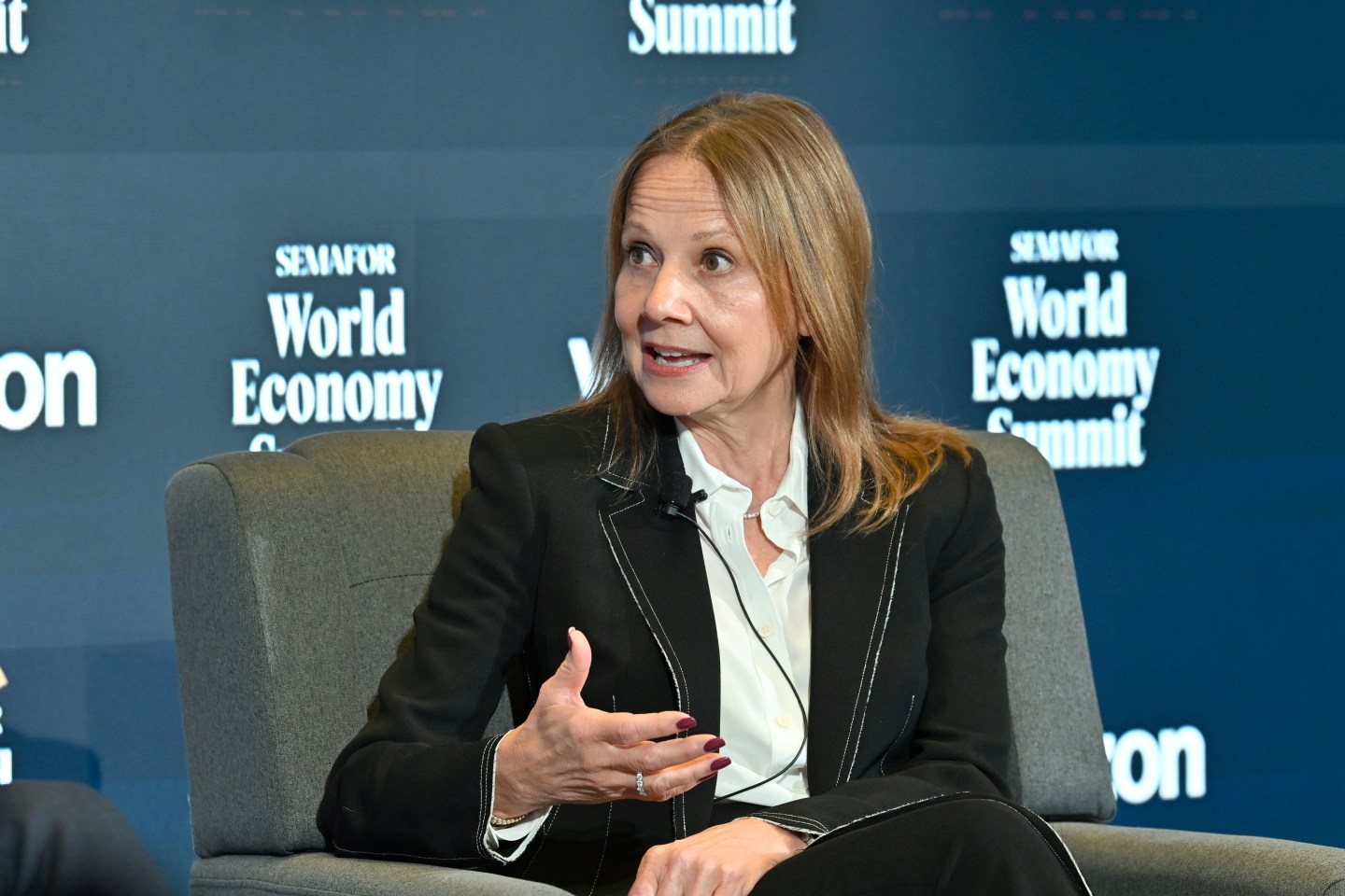WASHINGTON, DC - APRIL 23: Mary Barra, Chair and CEO, General Motors speaks on stage during The Semafor 2025 World Economy Summit - Day 1 at Conrad Washington on April 23, 2025 in Washington, DC. (Photo by Shannon Finney/Getty Images for Semafor)
