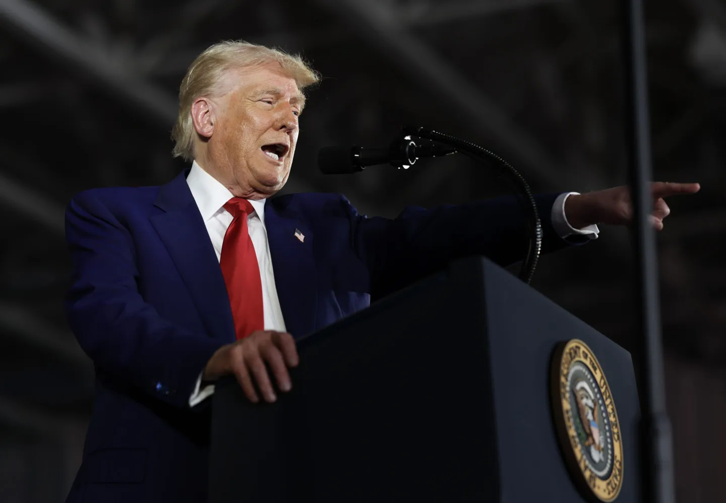 WARREN, MICHIGAN - APRIL 29: President Donald Trump speaks during a rally at Macomb Community College on April 29, 2025 at Warren, Michigan. Trump held the rally to highlight his accomplishments during his first 100 days in office, including closing the border, job creation and the economy. (Photo by Scott Olson/Getty Images)